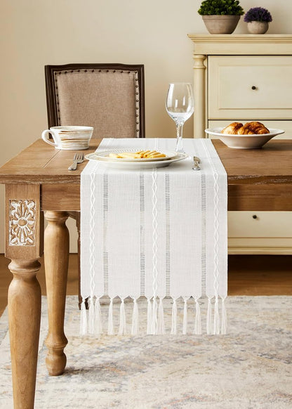 Hemstitched White Christmas Table Runner 13x72 in - Cotton Linen Boho Embroidered