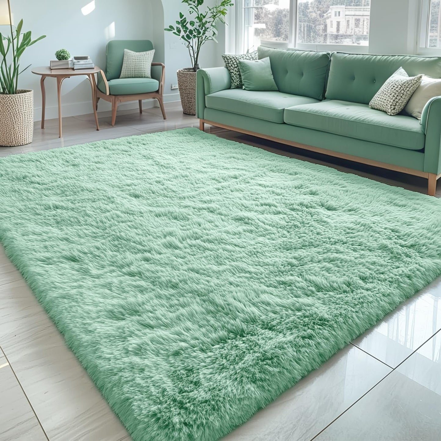 OLANLY Large 5x7 Machine Washable Area Rug - Soft Fluffy Shaggy Indoor Carpet in Mint Green for Living Room & Bedroom
