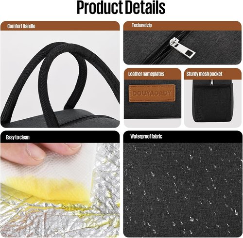 Douyadady Insulated Lunch Bag - Stylish Black Lunch Box for Men and Women | Durable & Spacious