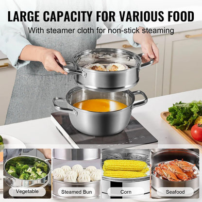 Steamer Pot, 8.66 in/22 cm Steamer Pot for Cooking with 3QT Stock Pot and Vegetable Steamer, Large Capacity Stainless Steel Food Steamer Cookware with Lid for Gas Electric Induction Grill Stove