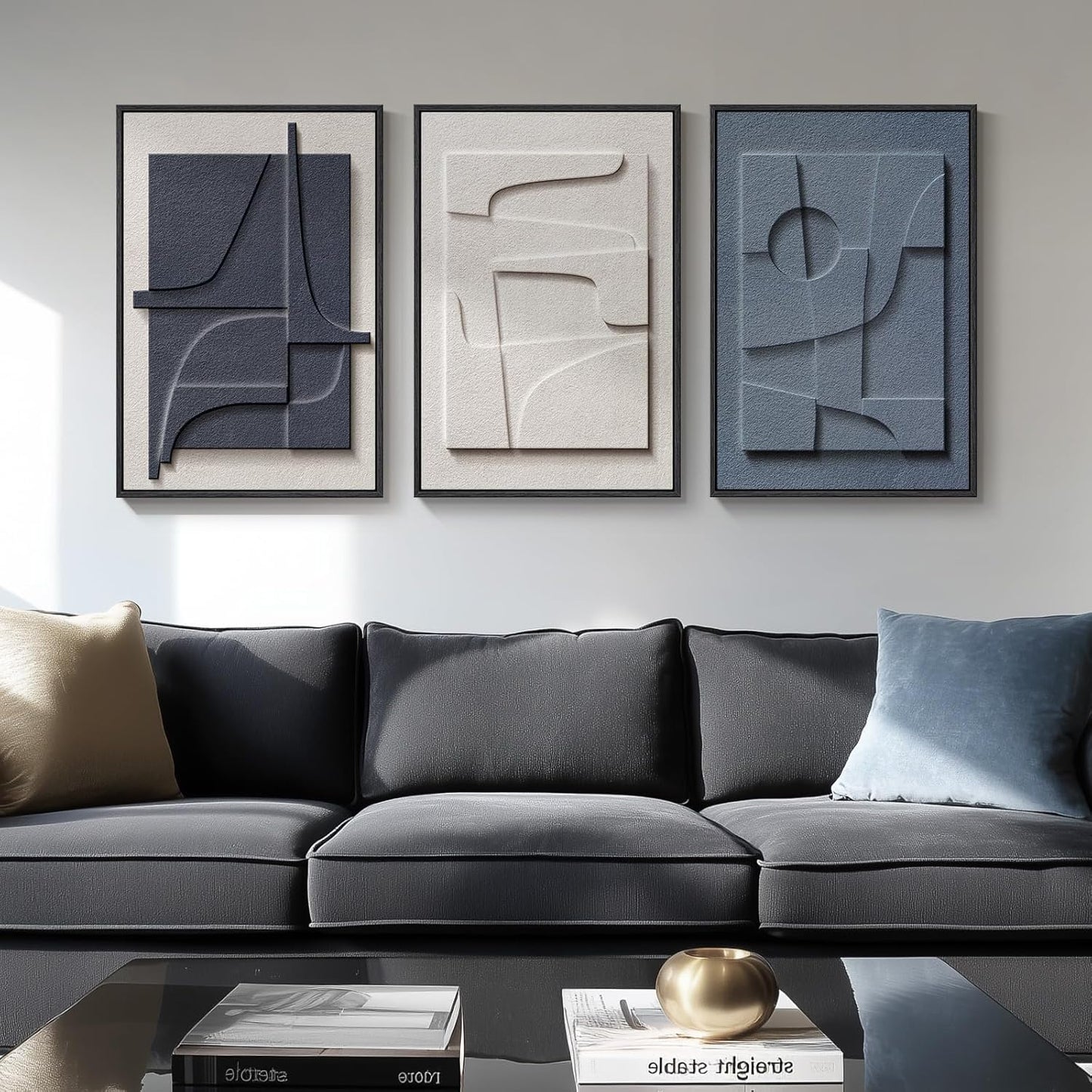 3D Textured Framed Blue and White Abstract Wall Art - Modern 3-Piece Geometric Artwork | 16x24 In for Living Room, Bedroom, Office