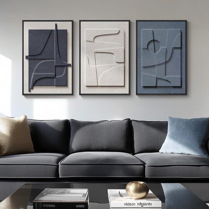 3D Textured Framed Blue and White Abstract Wall Art - Modern 3-Piece Geometric Artwork | 16x24 In for Living Room, Bedroom, Office
