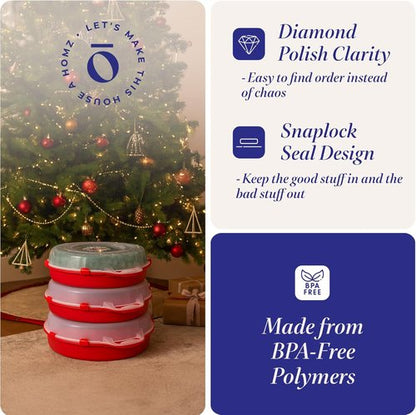 HOMZ 3-Pack Wreath Storage Containers - 24 Inch Clear Plastic Bins with Lids & Handles for Holiday Decor
