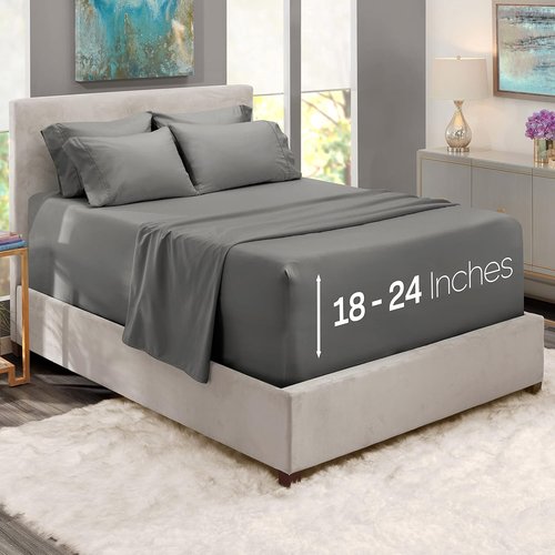Hearth & Harbor Queen Sheet Set - Extra Deep Pocket for 18-24 Inch Mattresses - 6 Piece Grey Set