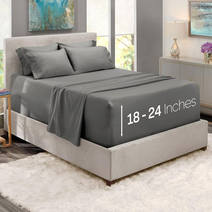 Hearth & Harbor Queen Sheet Set - Extra Deep Pocket for 18-24 Inch Mattresses - 6 Piece Grey Set