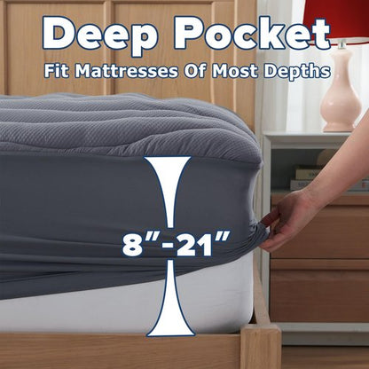 ELVEN HOME Queen Mattress Topper Pillow Top Cooling Mattress Pad Quilted Fitted Thick Mattress Cover Queen Size Bed 8-21" Deep Pocket, Grey