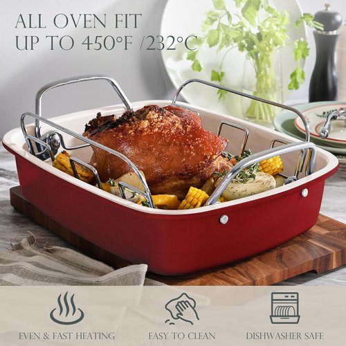KITESSENSU Nonstick Turkey Roasting Pan - Heavy Duty 17 x 14 Inch Chicken Roaster with Rack & Wider Handles - Ideal for 24lb Turkey, Red