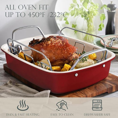 KITESSENSU Nonstick Turkey Roasting Pan - Heavy Duty 17 x 14 Inch Chicken Roaster with Rack & Wider Handles - Ideal for 24lb Turkey, Red