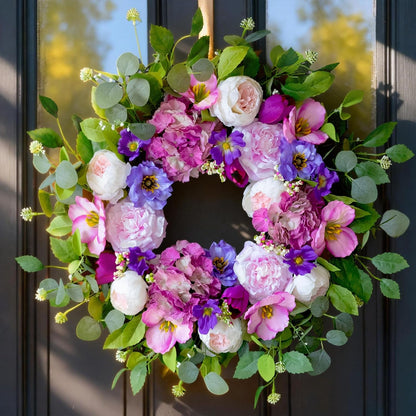 Regine Switzerland 24-Inch Spring Wreath - Blush Pink Roses & Purple Blooms for Home Decor | Indoor/Outdoor Use