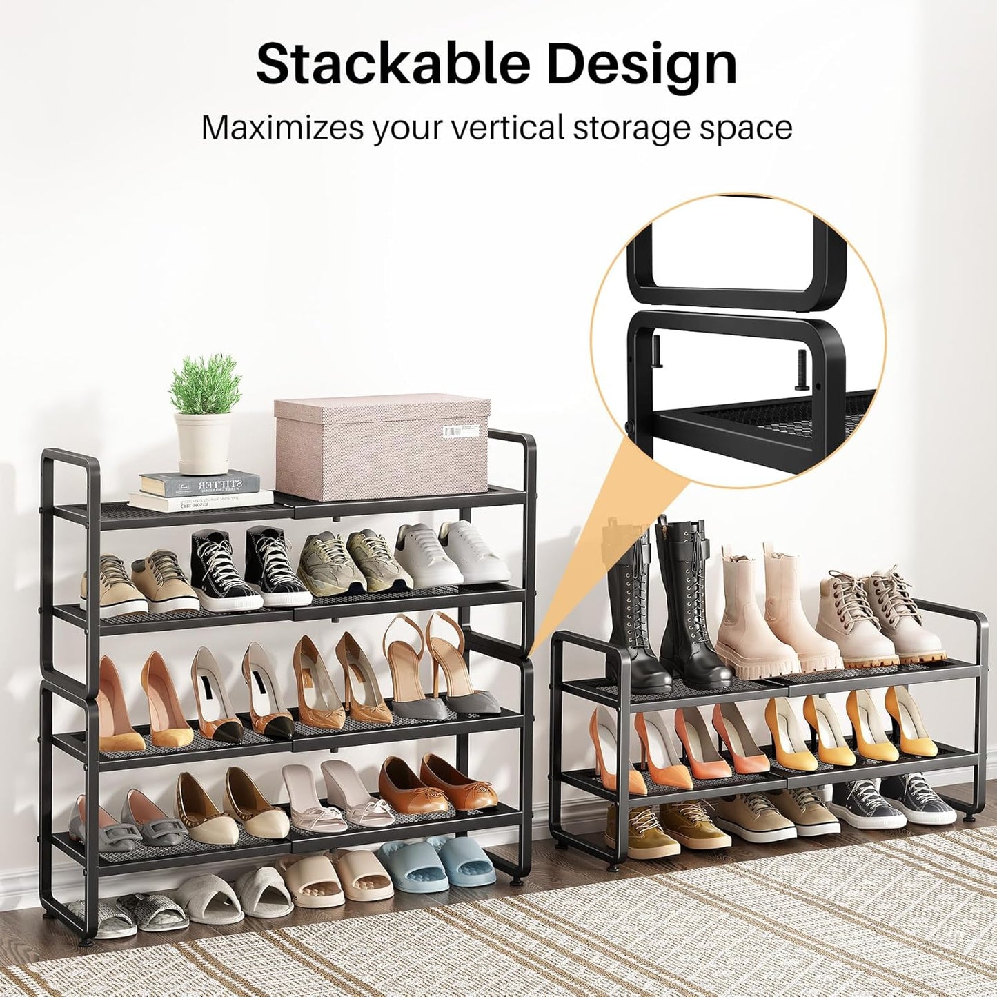 SNTD Shoe Rack - Expandable Adjustable Metal Shoe Organizer | Stackable 2-Tier Storage for Entryway & Garage (Black)