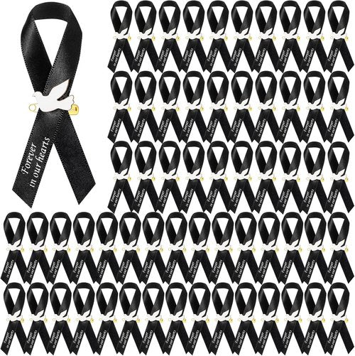 Dove Funeral Ribbons - 50 Pcs Classic Memorial Service Pins with Safety Pins | Black Mourning Bow