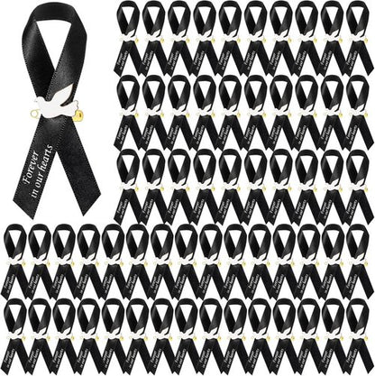 Dove Funeral Ribbons - 50 Pcs Classic Memorial Service Pins with Safety Pins | Black Mourning Bow
