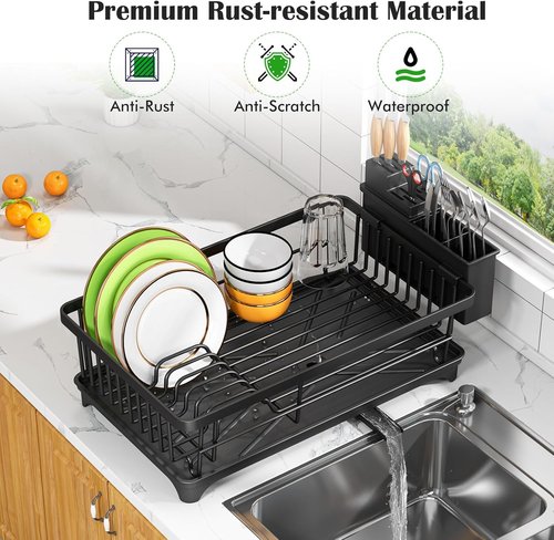 Dish Drying Rack | Compact Rust-Resistant Kitchen Rack with Utensil Holder - Space-Saving Black Design