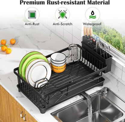 Dish Drying Rack | Compact Rust-Resistant Kitchen Rack with Utensil Holder - Space-Saving Black Design