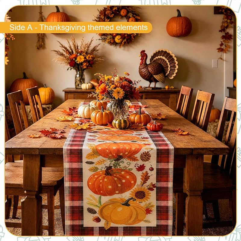 Double Sided Table Runner for Thanksgiving & Christmas 13 x 72 Inches