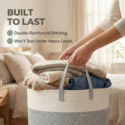 **JMvicyroam Extra Large Woven Cotton Rope Blanket Basket - Stylish Laundry Hamper with Reinforced Handles | Machine Washable, White & Grey**