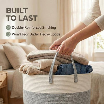 JMvicyroam 65L Extra Large Blanket Basket for Living Room - Woven Cotton Rope Laundry Hamper with Reinforced Handles - Storage Bin for Pillows, Comforters & Toys - Machine Washable,White&Grey