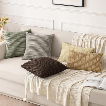 MIULEE Corduroy Throw Pillow Covers - Soft Boho Striped Design | 16x16 Inch Light Olive Green