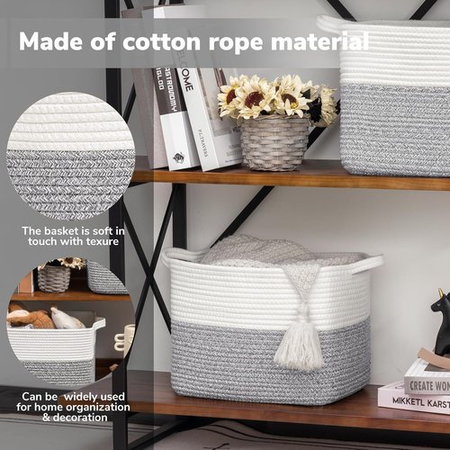 Goodpick Woven Storage Basket - Cotton Rope Organizer with Handles | Small Laundry Bin, 13''x10''x9'', Gray & White