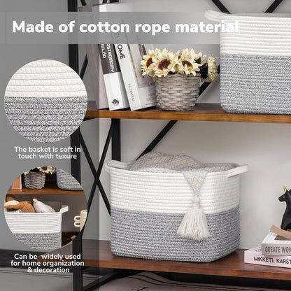 Goodpick Woven Storage Basket - Cotton Rope Organizer with Handles | Small Laundry Bin, 13''x10''x9'', Gray & White