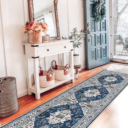 Hallway Washable Runner Rug - Vintage Soft Non-Slip Indoor Carpet for Entryway | 2x7 Blue