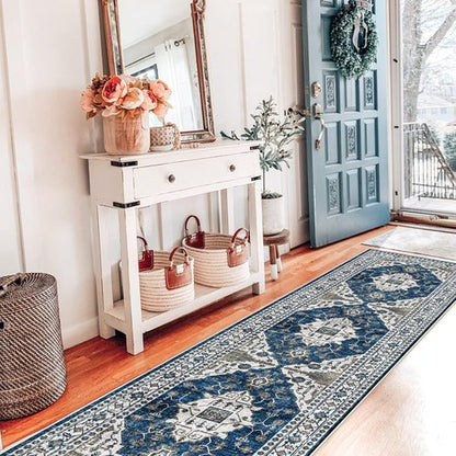 Hallway Washable Runner Rug - Vintage Soft Non-Slip Indoor Carpet for Entryway | 2x7 Blue