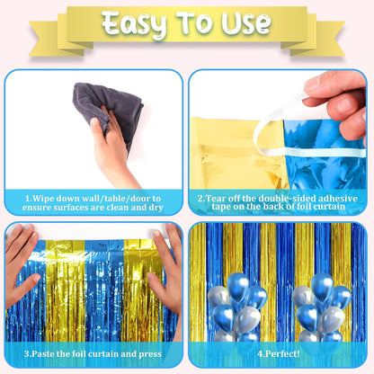 Voircoloria Blue Gold Foil Fringe Backdrop Curtains - 3 Pack Tinsel Streamers for Parties | 3.3 x 8.2 ft