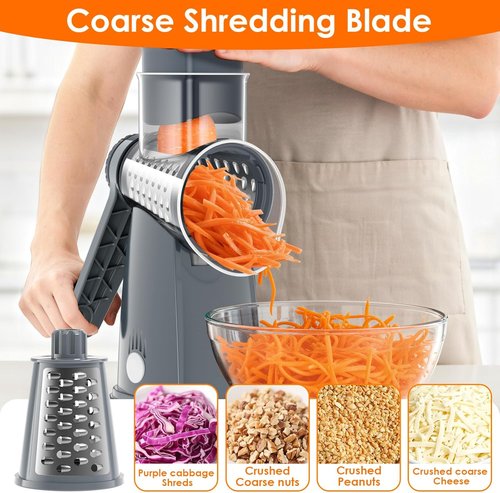 5 Blade Rotary Cheese Grater by [Brand Name] - Hand Crank Vegetable Chopper with Storage Box | Easy to Use, Non-Slip Suction Base, Gray