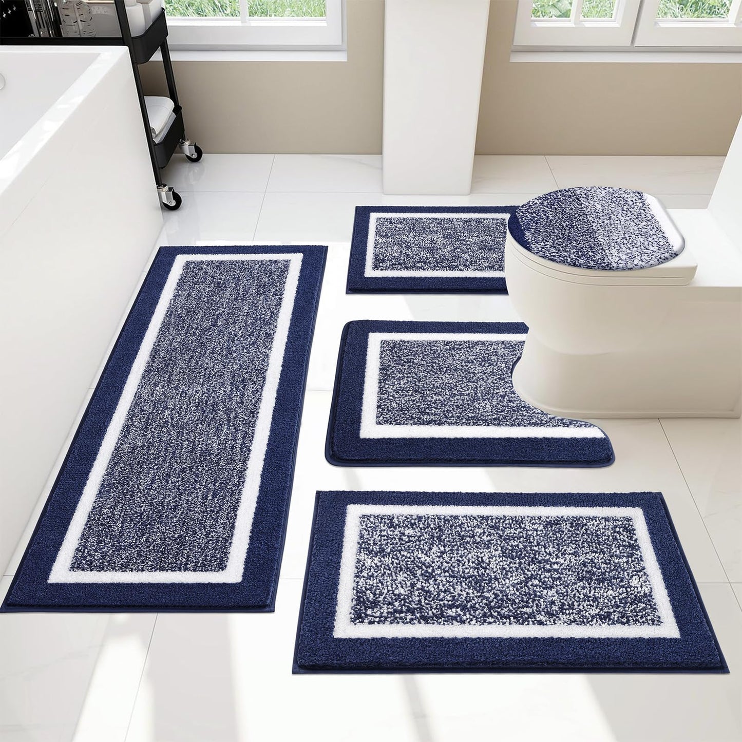 Pauwer Bathroom Rugs Sets 5 Piece with Lid Cover Bathroom Shower Rugs with U-Shaped Contour Toilet Mat Absorbent Microfiber Plush Bath Mats Non Slip Bath Rugs Machine Washable Bathroom Floor Mats