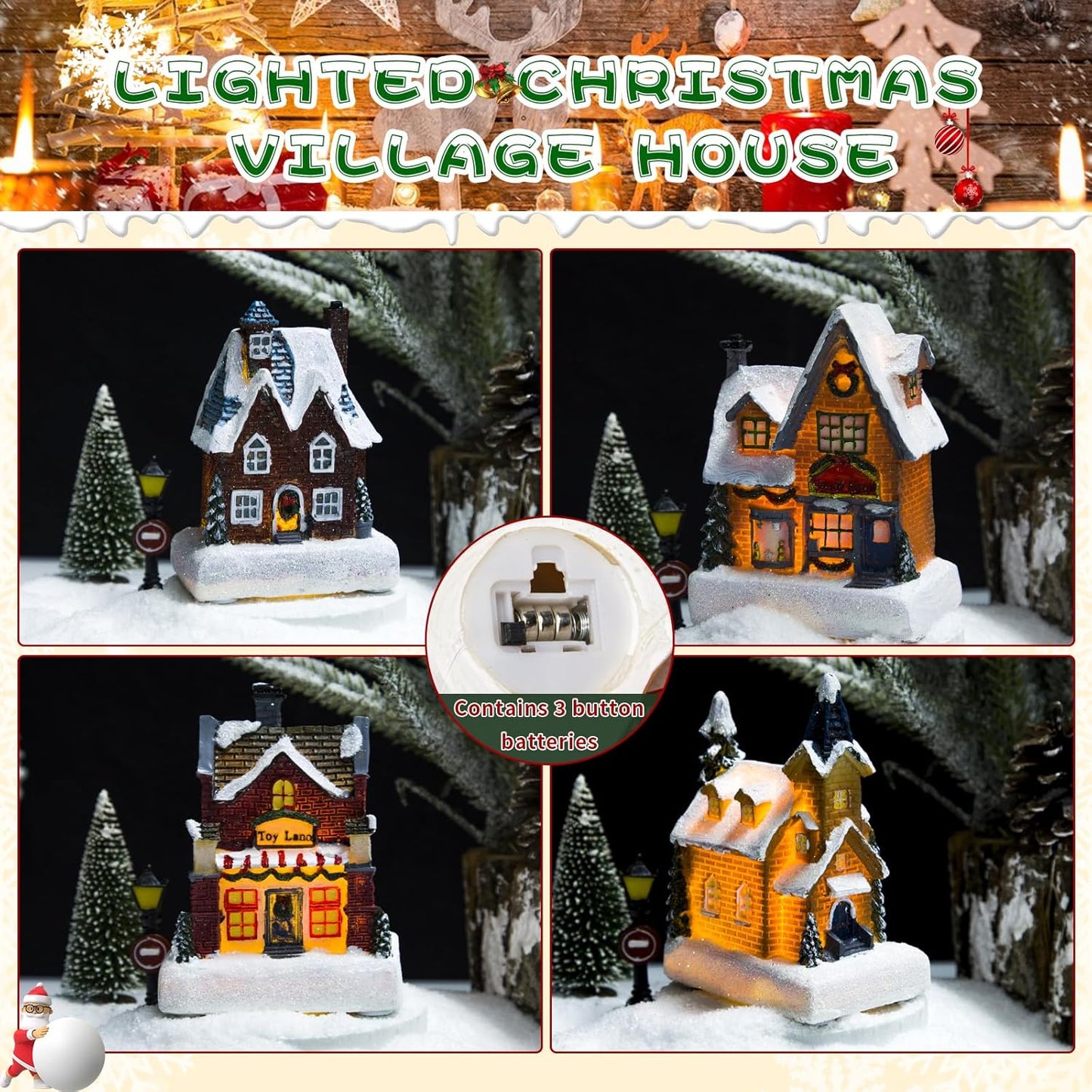 Skiennix Christmas Village Set - LED Light-Up Resin Houses for Festive Indoor Decor | Holiday Scene Collection