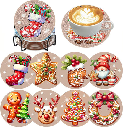 Skiennix Christmas Diamond Painting Coasters - 8 Gingerbread Snowman Art Kits with Holder | DIY 4x4 Inch