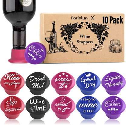 Farielyn-X 10 Funny Wine Bottle Stoppers and Gift Box, Cute Silicone Reusable Caps Bottle Sealers with a Funny Saying for Wine Beverage and Beer Bottles(Five Colors)