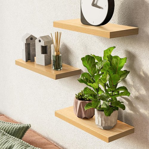 BAYKA Floating Wall Shelves - Rustic Wood Design for Bathroom, Bedroom & Living Room | Set of 3 (Light Oak, 15.7in)