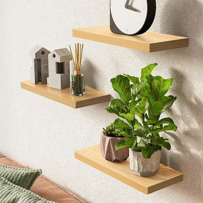 BAYKA Floating Wall Shelves - Rustic Wood Design for Bathroom, Bedroom & Living Room | Set of 3 (Light Oak, 15.7in)