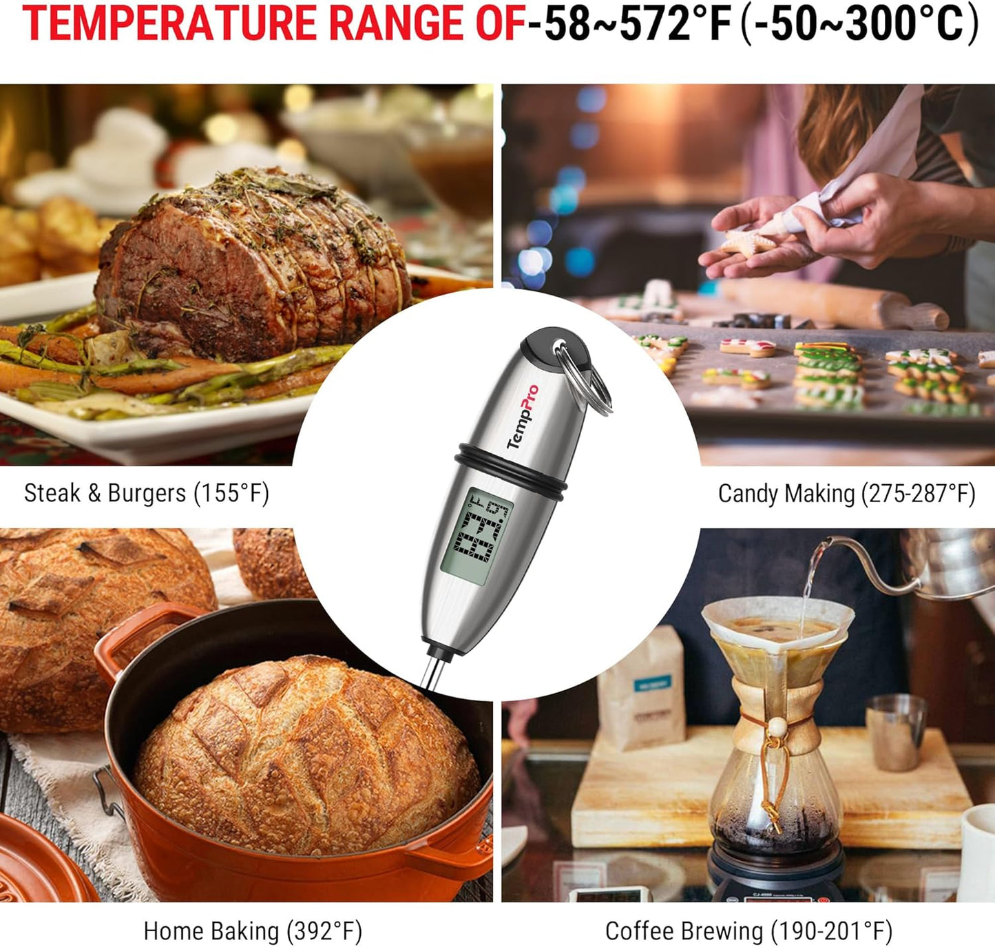 TempPro Digital Food Thermometer - Super Long Probe for Cooking, Baking, and BBQ | Ideal for Meat & Sourdough