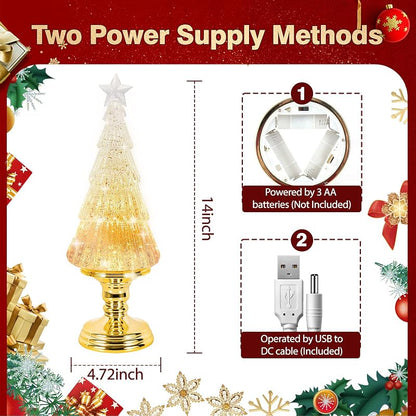 Christmas Tree Snow Globe Lantern with 6H Timer - USB & Battery Operated (Gold Tree)