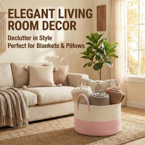 JMvicyroam Extra Large Blanket Basket - Woven Cotton Rope Laundry Hamper with Reinforced Handles | White & Pink, Machine Washable