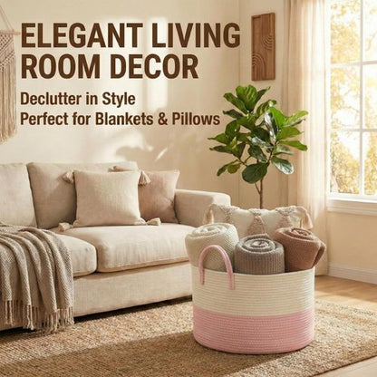 JMvicyroam Extra Large Blanket Basket - Woven Cotton Rope Laundry Hamper with Reinforced Handles | White & Pink, Machine Washable