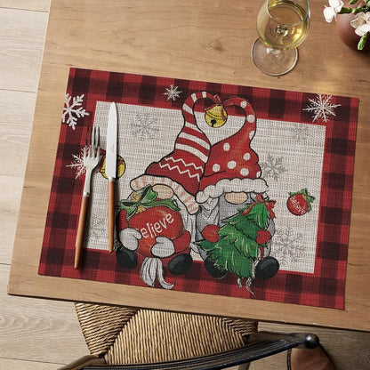 Gnomes Red Buffalo Plaid Christmas Placemats Set of 4, 12 x 18 in, Washable Vinyl