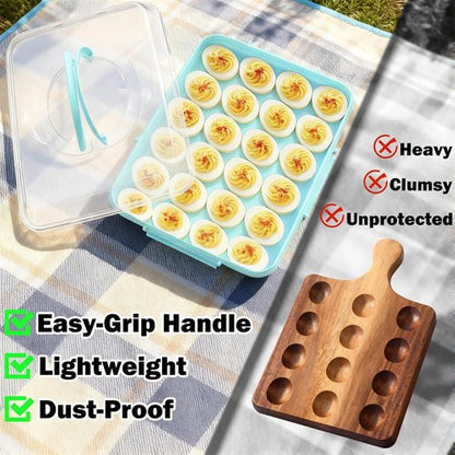 Deviled Egg Containers - 24 Count Reusable Platter with Lid & Handle for Parties | Blue