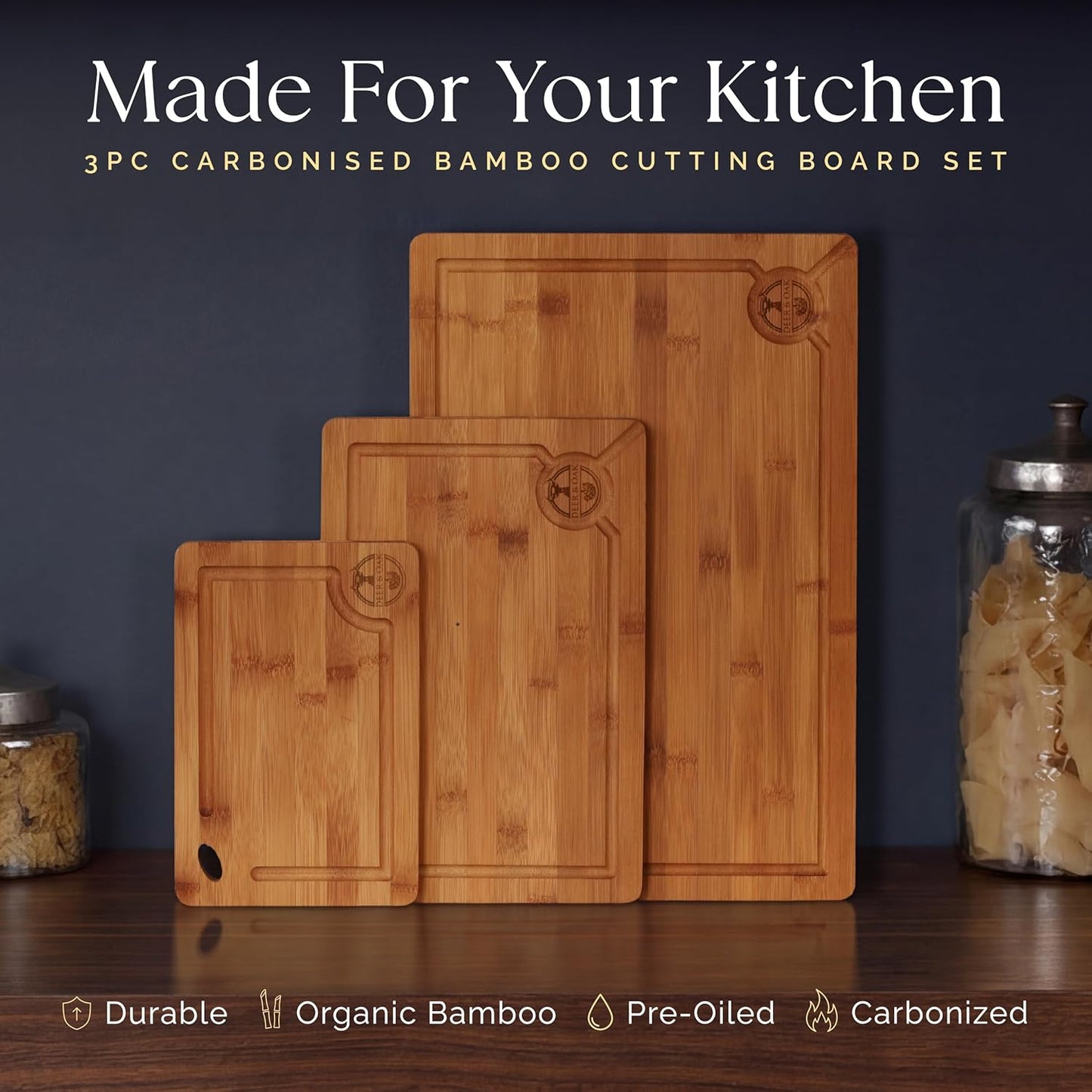 Skiennix 3-Piece Bamboo Cutting Board Set - Eco-Friendly, Pre-Oiled & Non-Toxic | Perfect for Kitchen Use