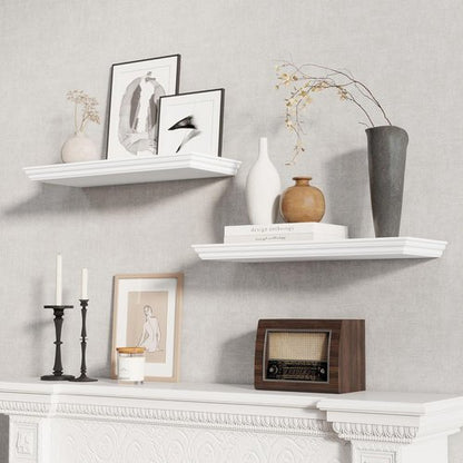 Fun Memories Floating Shelves - 24 Inch Classic Crown Molding Rustic Wooden Wall Decor | White, 2-Pack