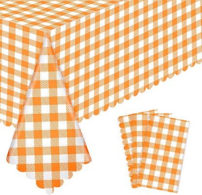 Orange Gingham Tablecloths by [Brand Name] - 3 Pack Disposable Waterproof Checkered Covers | 54 x 108 Inch for Parties