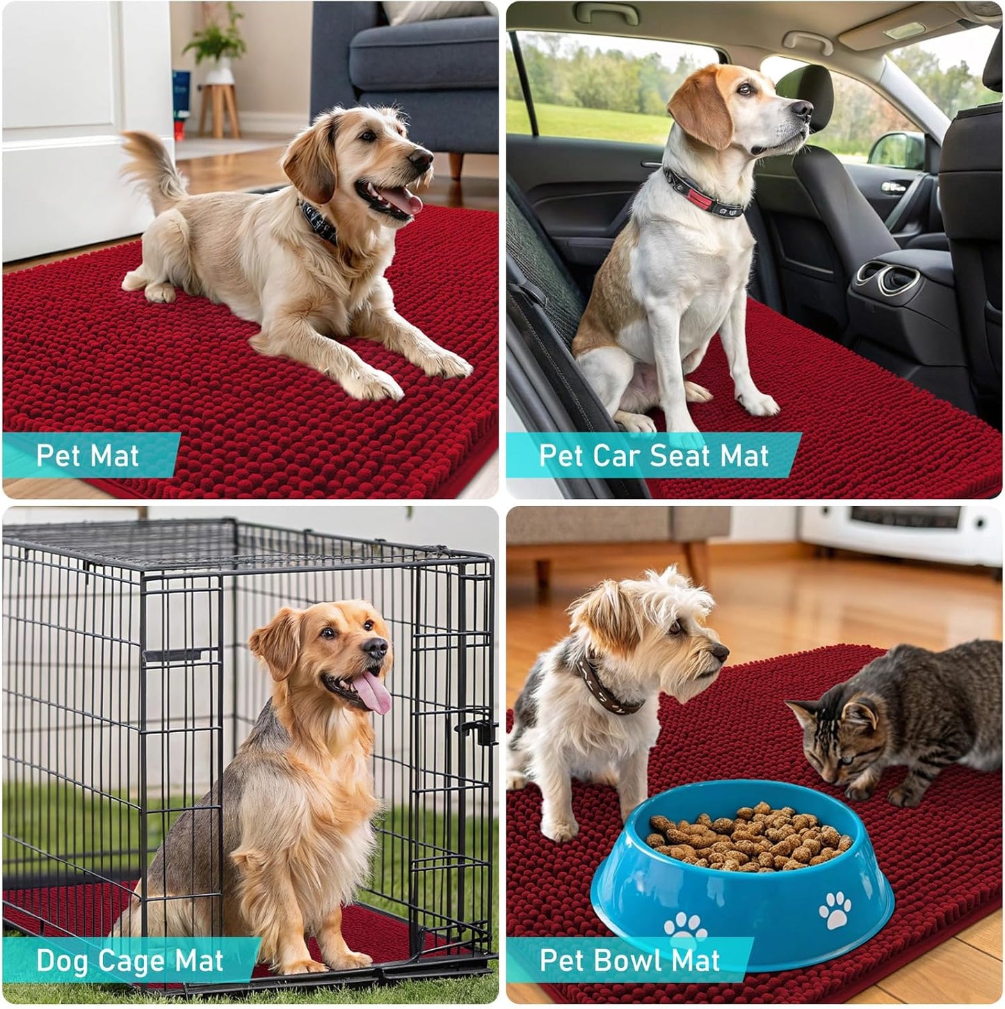 OLANLY Dog Door Mat - Absorbent Non-Slip Chenille Mat for Muddy Paws | 40x24 Inches, Quick Dry, Red