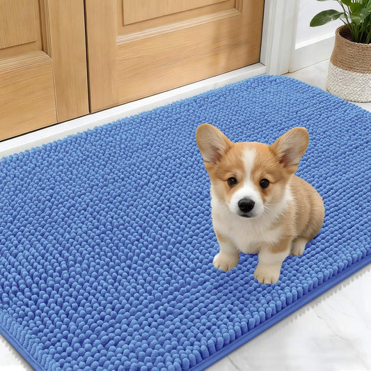 OLANLY Dog Door Mat - Absorbent Non-Slip Chenille Mat for Muddy Paws | 30x17, Quick Dry, Cornflower Blue