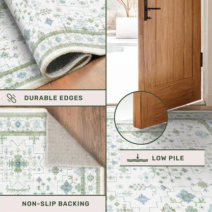 Hazo Haus Oushak Wide Hallway Runner Rug 2'6"x8' - Vintage Turkish Floral, Washable Low Pile Non Slip Extra Long Runners for Kitchen, Hall Way - Cream Blue and Green