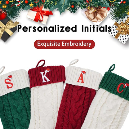 Personalized 18 Inch Knitted Christmas Stocking with Initials N – White & Green, Embroidered Monogram