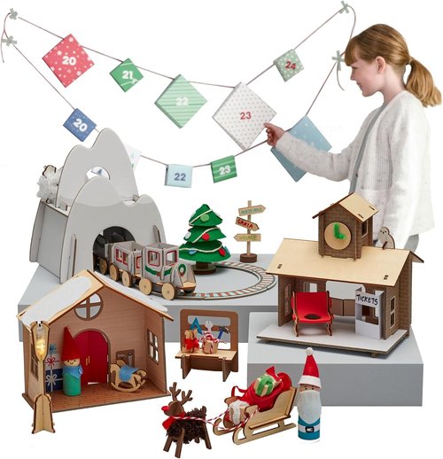 KiwiCo Santa’s Railroad Train Advent Calendar for Kids 5+ | 24 Days of Buildable Toy Set for Christmas