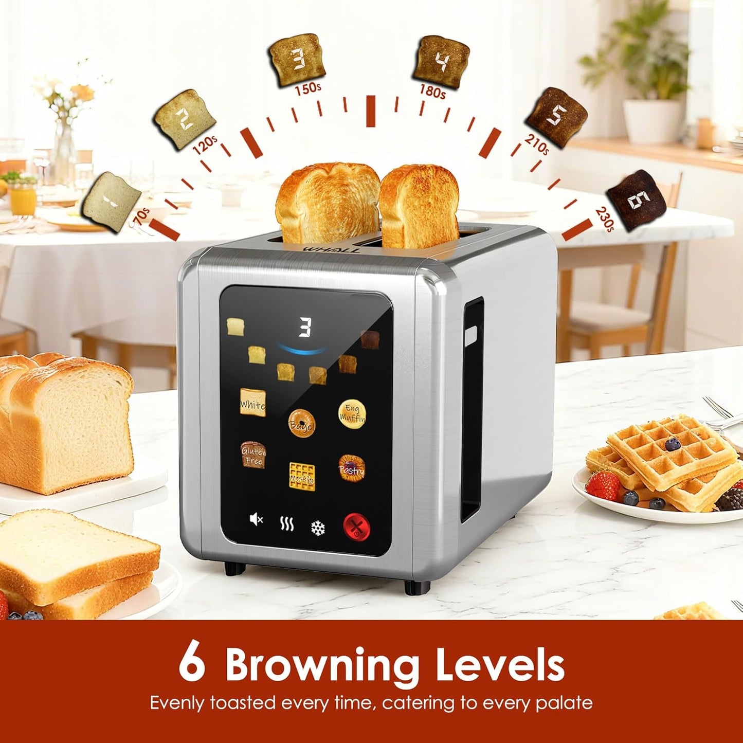 WHALL Touch Screen Toaster - 2 Slice Stainless Steel with Digital Timer & 6 Shade Settings | Extra Wide Slot, Silver