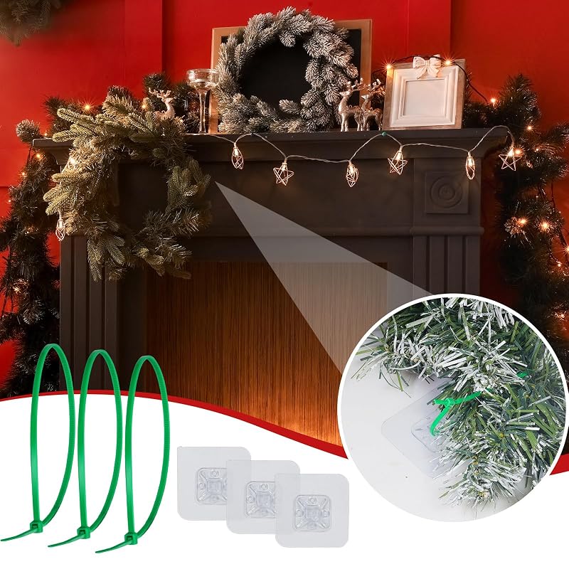 Green 50 Pcs Transparent Zip Tie Mounts & 50 Green Cable Ties for Christmas Garlands